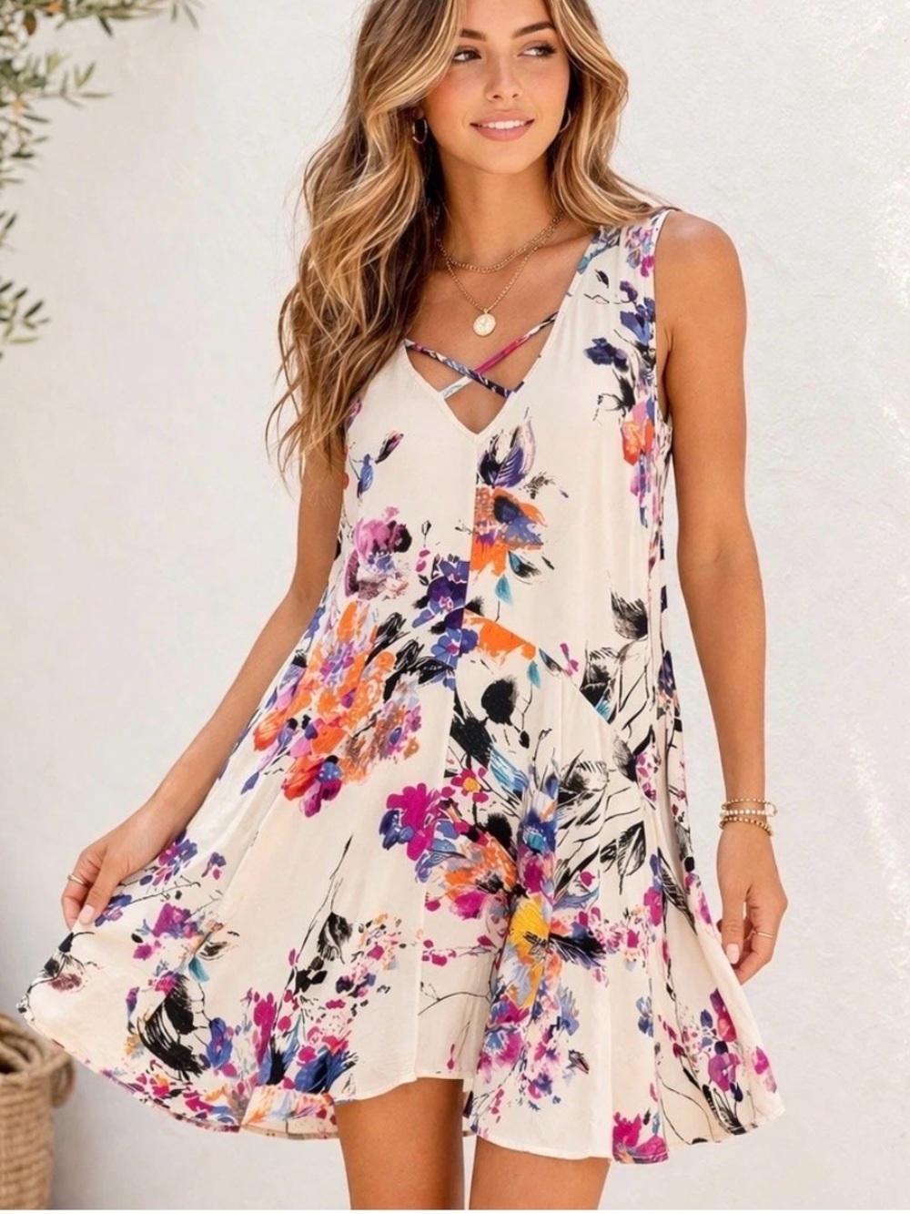 Umgee Floral Summer Swing Dress Size L Boho Flowy V-Neck Sleeveless Boho Indie